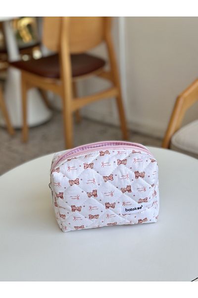 Batekso Pink Teddy Bear Patterned Makeup Bag - Medium Size