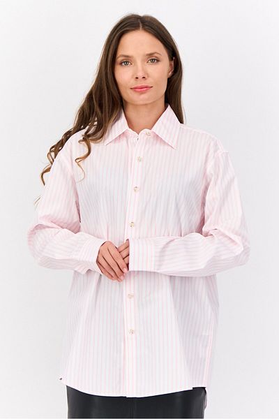 Esprit Women Pointed Collar Long Sleeve Stripe Shirt, Light Pink