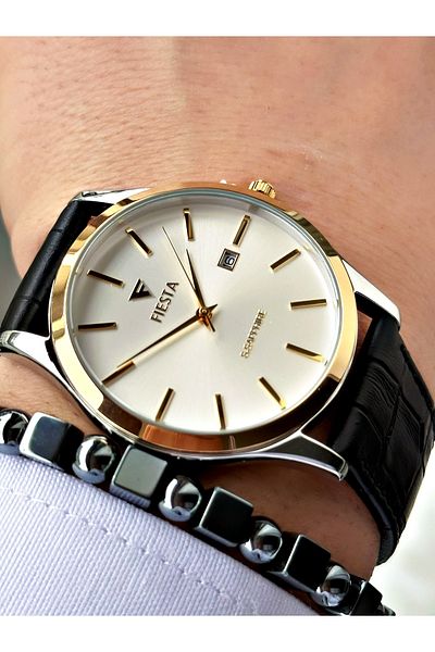 Fiesta Black Color Classic Plain Model Steel Case Men's Wristwatch + Bracelet