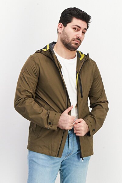 Geox Men Long Sleeve Plain Full Zipper Hooded Jacket, Khaki Olive