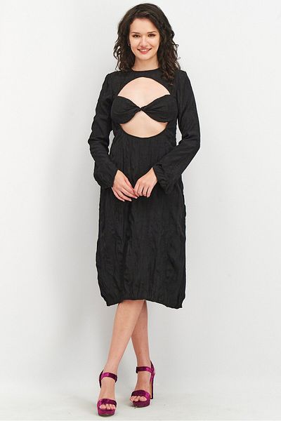NA-KD Women Textured Cut Out Long Sleeves Midi Dress, Black