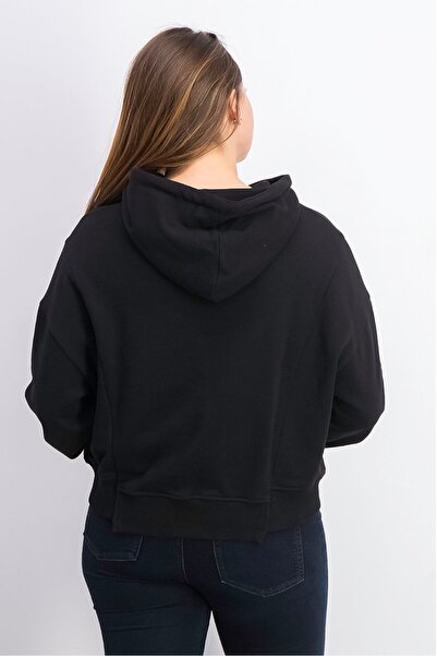 Steve Madden Women Hood With Drawstring Plain Long Sleeve Sweatshirt, Black