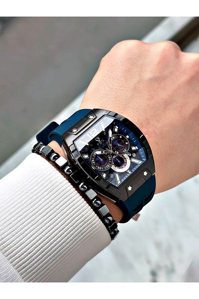 Fiesta Navy Blue Color Silicone Function Steel Case Business Men's Wrist Watch + Bracelet