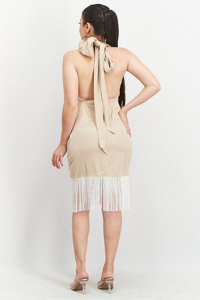 NA-KD Women Tie Neckline Fringe Mini Dress, Beige