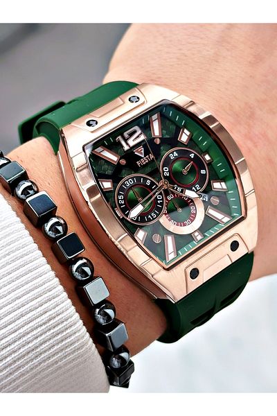 Fiesta Green Color Silicone Function Steel Case Business Men's Wrist Watch + Bracelet