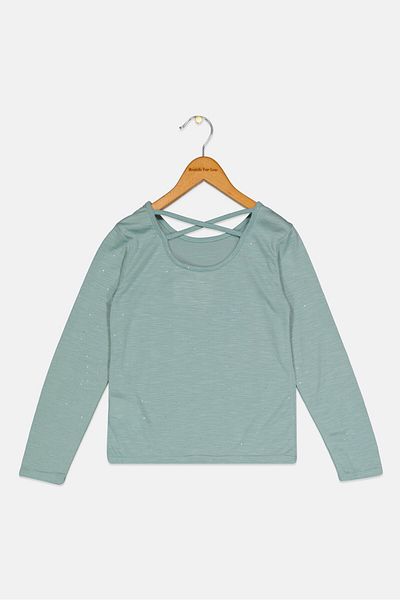 Cool Club Kids Girl Round Neck Long Sleeve Textured Top, Sage Green