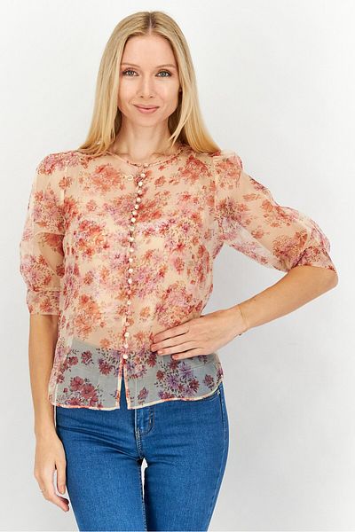 The Kooples Women Round Neck 3/4 Sleeve Floral Top, Red Combo