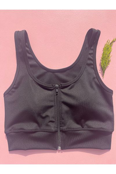 LEYNA BUTİK Diver Fabric Padded Pop-Up Zippered Black Color Sports Tank Top - Crop