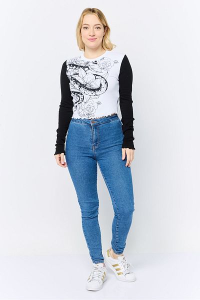 Don't Call Me Jennyfer Women Crew Neck Long Sleeves Graphic Printed Top, White