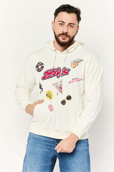 Elvis Men Hooded Graphic Print Long Sleeves Sweatshirt, Off White