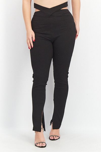NA-KD Women Wrap Detail Ribbed Trouser Pant, Black
