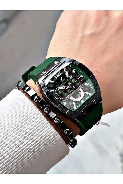 Fiesta Green Color Silicone Function Steel Case Business Men's Wrist Watch + Bracelet