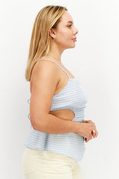 Skylar Rose Women Square Neck Spaghetti Sleeve Gingham Pattern Top, White