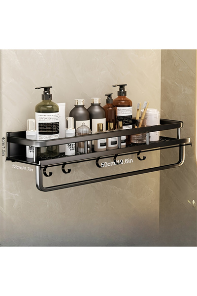Choice رف تخزين متعدد الوظائف مع قضيب خطاف أسود بطول 50 سم، رف حمام مثبت على ...