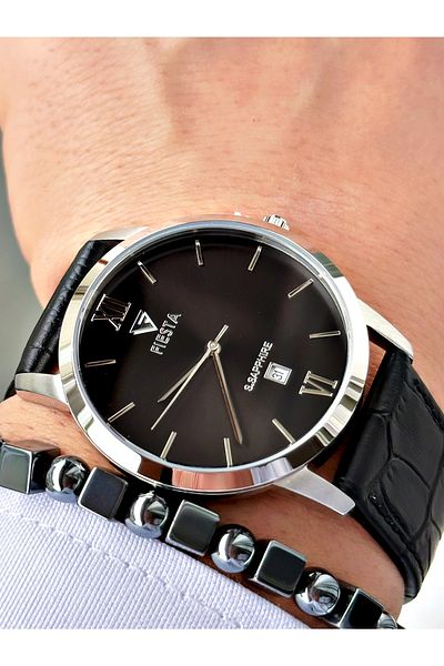 Fiesta Black Color Roman Numeral Steel Case Business Men's Wrist Watch + Bracelet