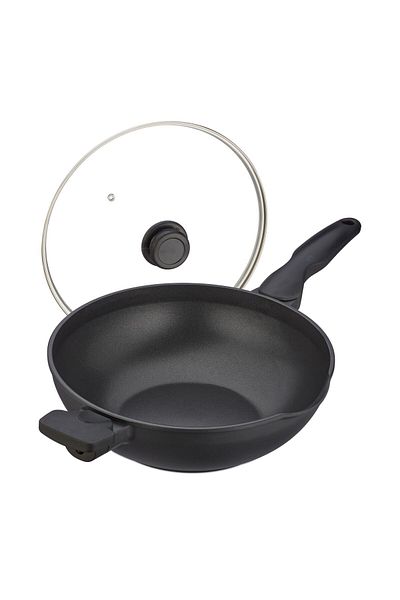 Relaxdays Tigaie wok cu capac, din aluminiu/sticlă/plastic, neagră, 15 x 57,5 ​​x 31,5 cm