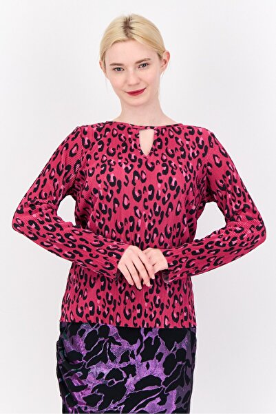 CYRUS Women Round Neck Long Sleeves Leopard Print Tops, Magenta/Black