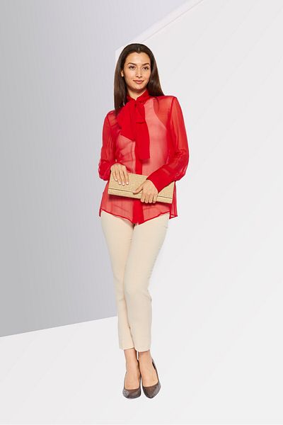 Valentino Women Tie Neck Long Sleeves Textured Blouse, Red