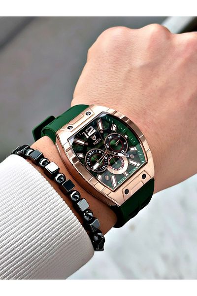 Fiesta Green Color Silicone Function Steel Case Business Men's Wrist Watch + Bracelet