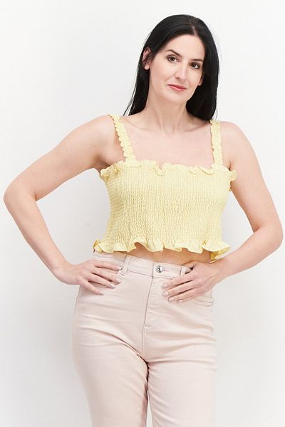 Glamorous Women Square Neck Sleeveless Shirred Tank Top, Yellow