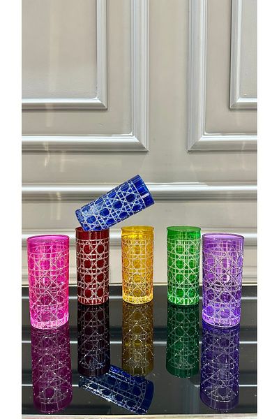 Vakıf home 6 Pieces Colorful Honeycomb Model Cutting Handcrafted Soft Drink Coffee Side Water Glass