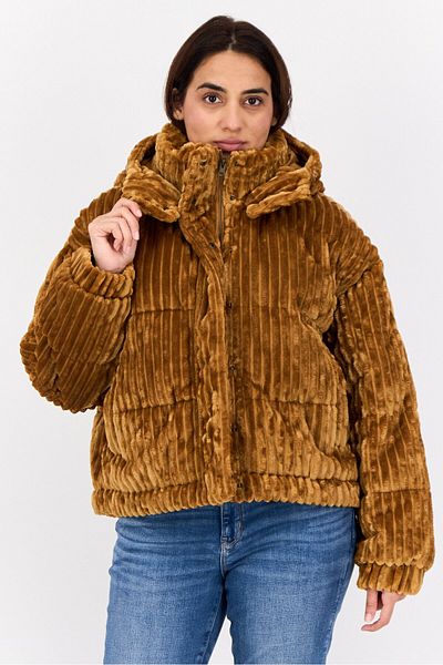 AMERICAN EAGLE Women Ripped Puffer Jacket, Tan