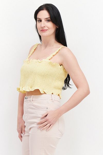 Glamorous Women Square Neck Sleeveless Shirred Tank Top, Yellow