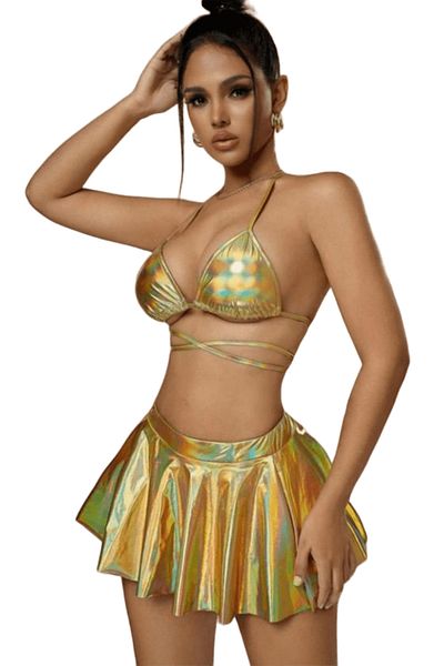 Nana & Mayka Moda Silver Lame Shiny 3-Piece Fancy Bikini Set – Halter Bra, Skirt, Brazilian Panty