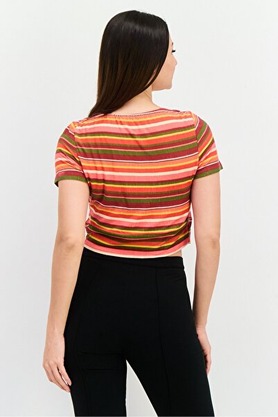 Bcbgeneration Women Scoop Neck Short Sleeves Stripe Crop Top, Pink