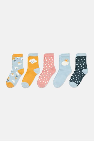 Tchibo Kids Girl 5 Pair Allover Print Socks, Blue Combo