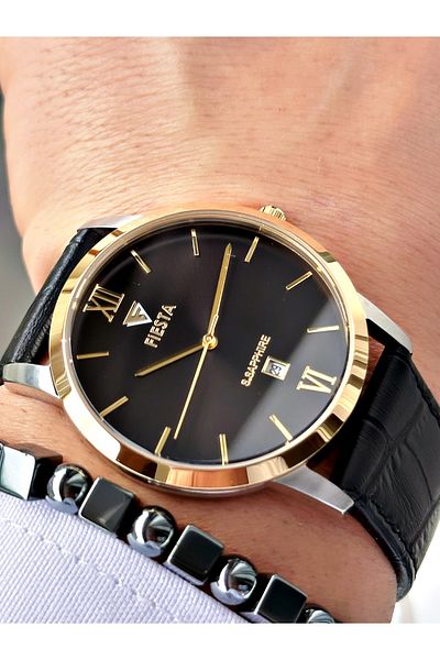Fiesta Black Color Roman Numeral Steel Case Business Men's Wrist Watch + Bracelet