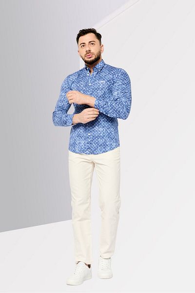Harmont & Blaine Men Narrow Fit Chambray Print Long Sleeves Casual Shirt, Blue