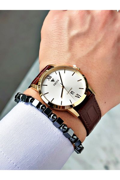 Fiesta Coffee Color Roman Numeral Steel Case Business Men's Wrist Watch + Bracelet