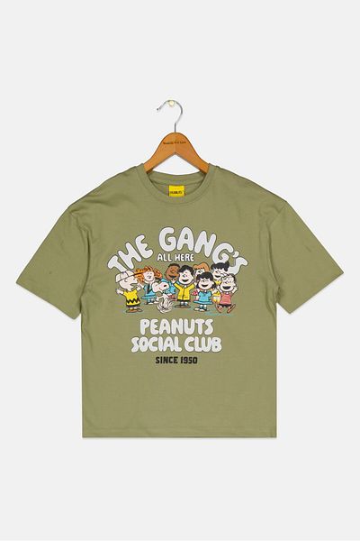 PEANUTS Kids Boy Crew Neck Short Sleeves Graphic Print T-shirt, Olive