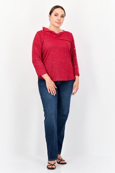 Adrienne Vittadini Women Mock Neck 3/4 Sleeves Metallic Blouse, Red