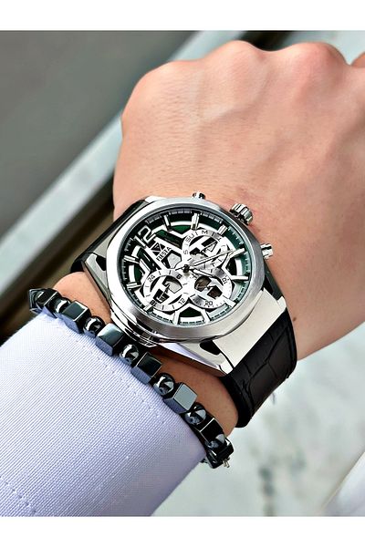 Fiesta Black Color Function Steel Case Sport Leather Silicone Men Wrist Watch + Bracelet