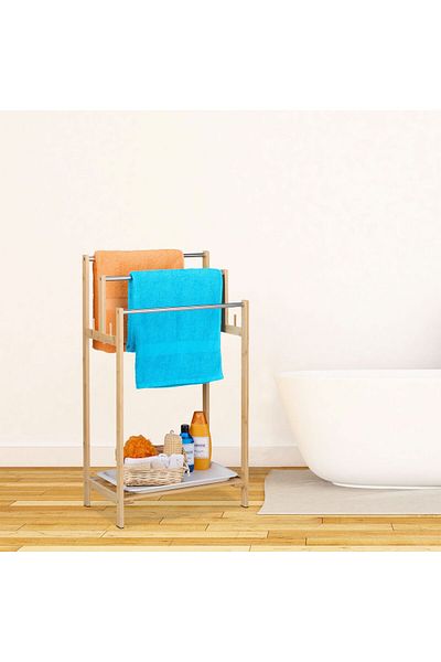 Relaxdays Towel Rack, Shelf With Tray, 3 Bars, 4 Side Hooks, Made Of Bamboo, 90 X 51 X 30.5 Cm
