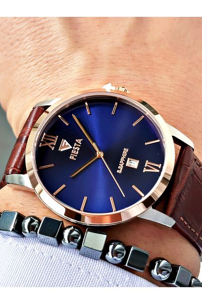 Fiesta Coffee Color Roman Numeral Steel Case Business Men's Wrist Watch + Bracelet
