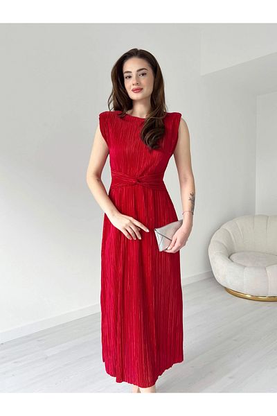 Lusin Women's Red Stylish Waist Detailed Padded Lined Summer Dress
