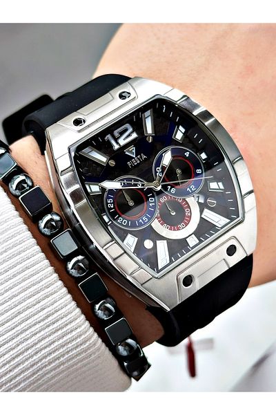Fiesta Black Color Silicone Function Steel Case Business Men's Wrist Watch + Bracelet