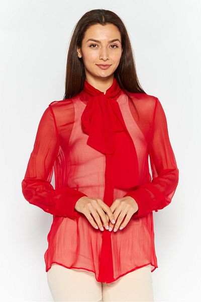 Valentino Women Tie Neck Long Sleeves Textured Blouse, Red