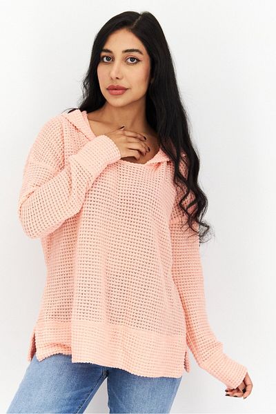 Weatherproof Women Hooded Long Sleeves Knitted Sweatshirt, Coral