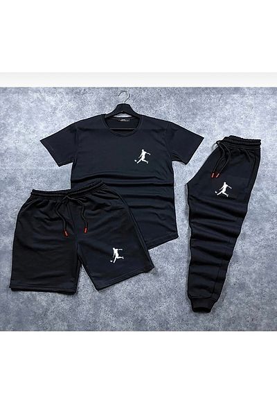 Jobia Outdoors Unisex Black Gray Football Player Printed 3-Piece Combination Set (t-shirt-shorts-sweatpants)