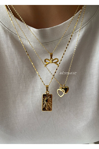 aksesuaris 3'lü Kurdele Gold Charm Kadın Kolye Kombin