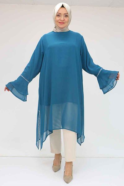Eslina 58018 Large Size Sleeve Flounce Stone Printed Chiffon Tunic - Petrol