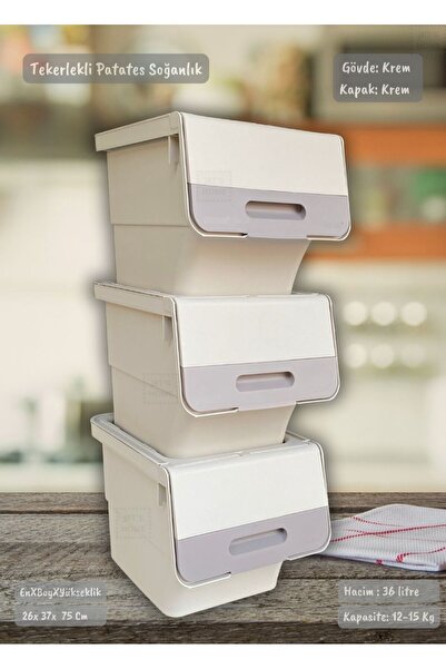 Jet's Home 3'lü Tekerlekli Patateslik Soğanlık Oyuncaklık Patates Soğan Sepeti Krem Motek 36 Lt