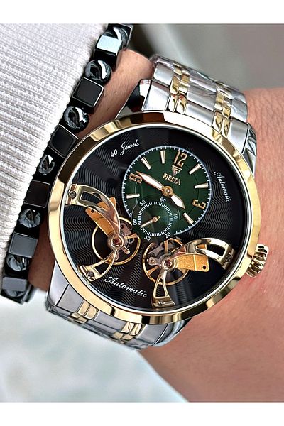 Fiesta Gold Silver Color Double Turbine Automatic Business Men's Wrist Watch + Bracelet