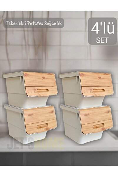 Jet's Home 4'lü Tekerlekli Patateslik Soğanlık BPA Free Patates Soğan Sepeti Bambu Motek 48 Lt