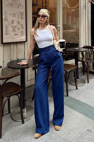 Swist Navy Blue Double Button Pleated Women's Palazzo Linen Trousers