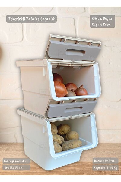 Jet's Home 2'li Tekerlekli Patates Soğan Sepeti Erzak Kutusu Sebzelik Beyaz Krem Motek 24 Lt